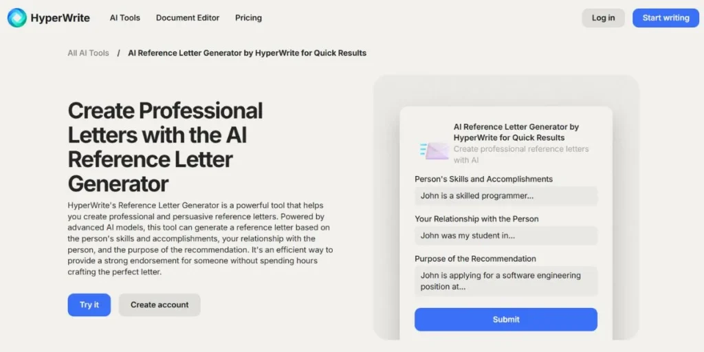AI Letter of Recommendation Tools - HyperWrite AI's